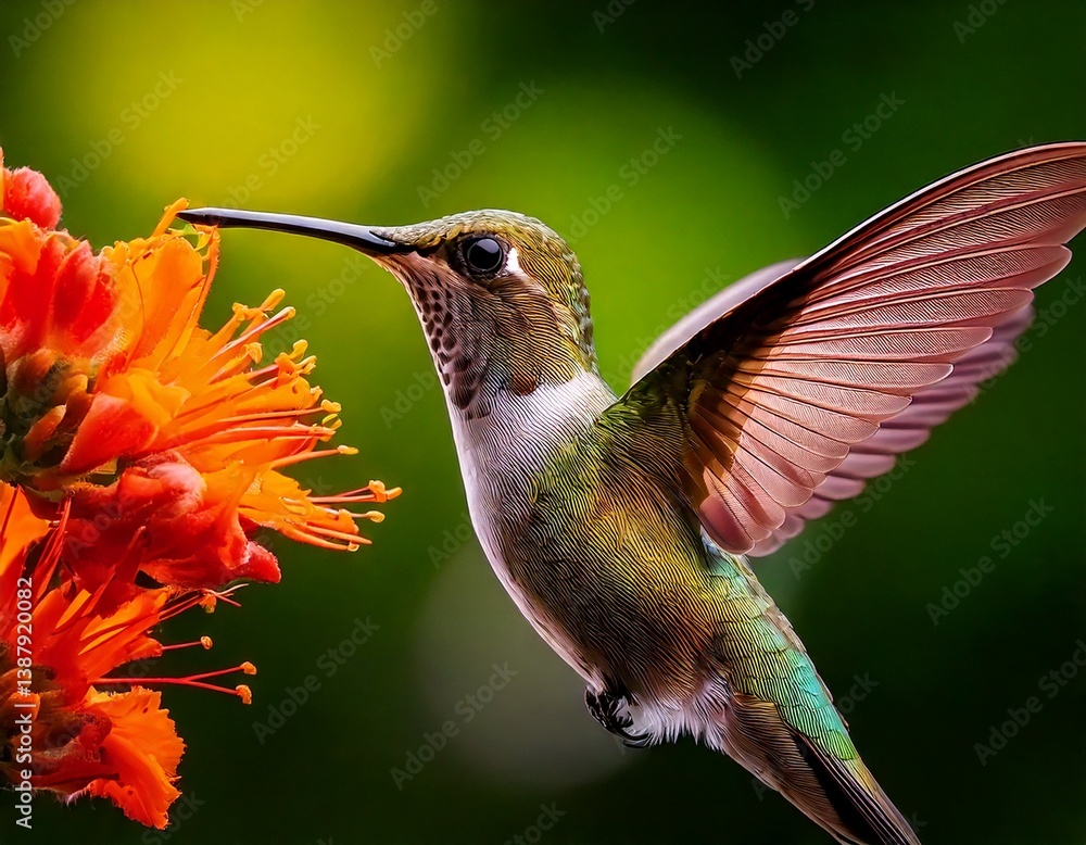 Fototapeta premium Hummingbird captured in mid-flight, feeding from tropical flower, wings blurred