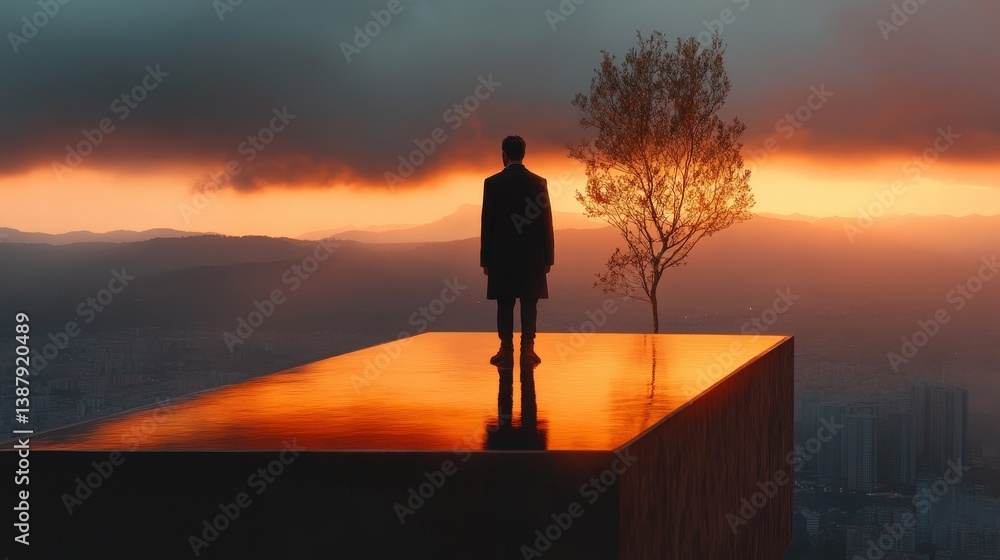An introspective figure stands on a luminous platform, silhouetted against a breathtaking sunset, reflecting the connection between humanity and the beauty of nature all around. An introspective figure stands on a luminous platform, silhouetted against a breathtaking sunset, reflecting the connection between humanity and the beauty of nature all around.