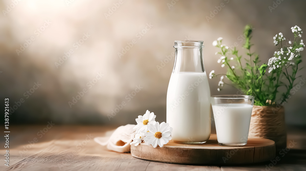 Glass and bottle of milk in a contemporary studio setting, soft and diffused lighting, minimalist food styling, ultraHD sharpness Glass and bottle of milk in a contemporary studio setting, soft and diffused lighting, minimalist food styling, ultraHD sharpness
