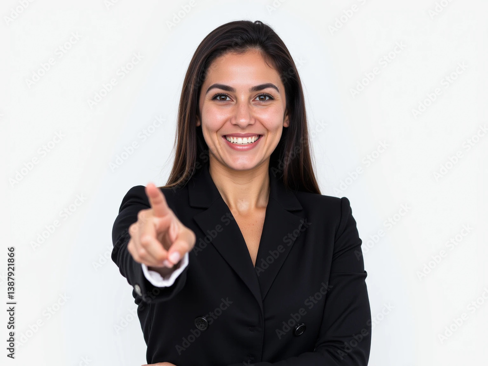Smiling Young Businesswoman Pointing and Looking at Camera on White Background
Smiling Young Businesswoman Pointing and Looking at Camera on White Background