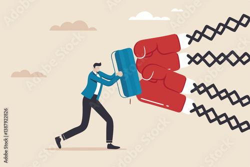 Business threat, fight to survive in business competition, resilience or adversity, challenge or survive to win, courage fighter concept, businessman hold shield to fight with multiple fighter punch.