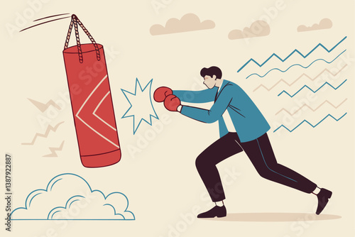 Business threat, fight to survive in business competition, resilience or adversity, challenge or survive to win, courage fighter concept, businessman hold shield to fight with multiple fighter punch.