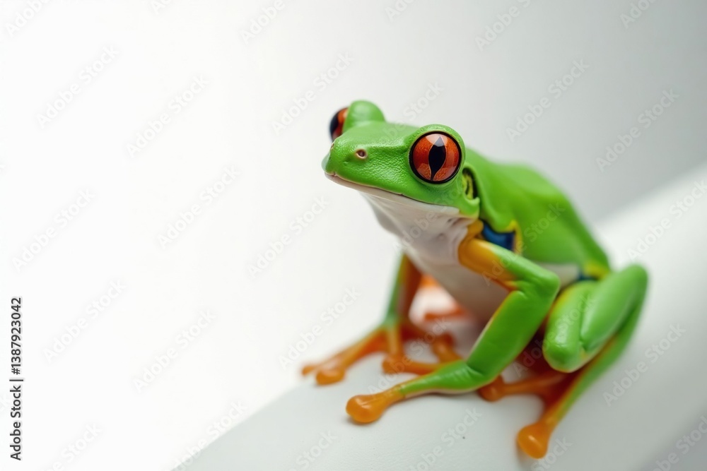 Obraz premium Green tree frog perched on white, vibrant skin, amphibian, white background