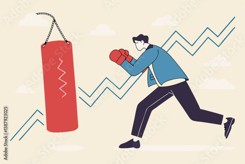 Business threat, fight to survive in business competition, resilience or adversity, challenge or survive to win, courage fighter concept, businessman hold shield to fight with multiple fighter punch.