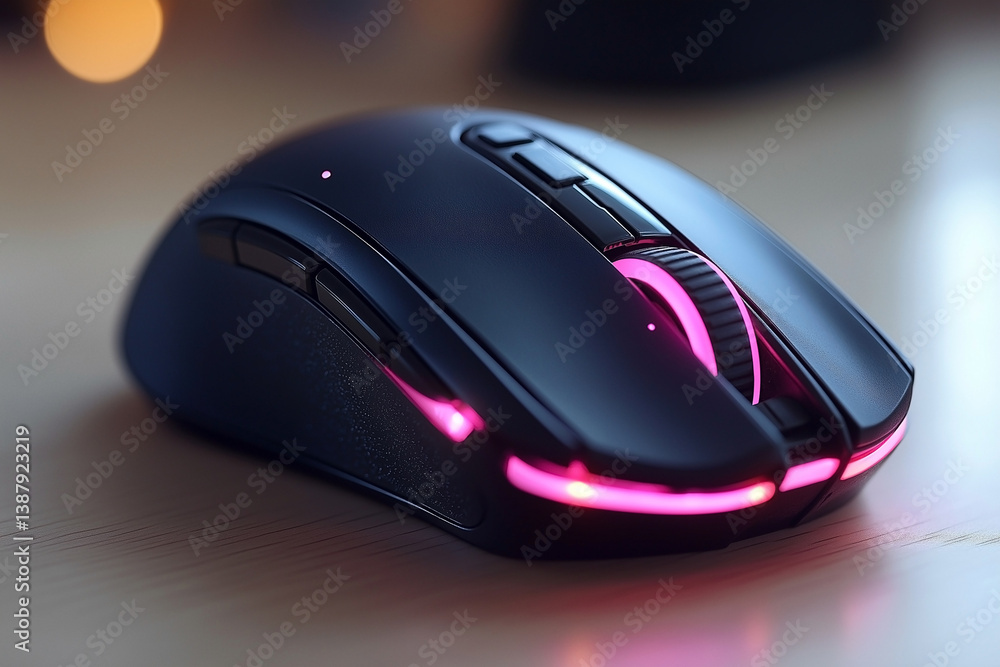 A sleek, modern gaming mouse with vibrant pink LED lights, showcasing its ergonomic design and high-performance features. A sleek, modern gaming mouse with vibrant pink LED lights, showcasing its ergonomic design and high-performance features.