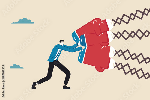 Business threat, fight to survive in business competition, resilience or adversity, challenge or survive to win, courage fighter concept, businessman hold shield to fight with multiple fighter punch.