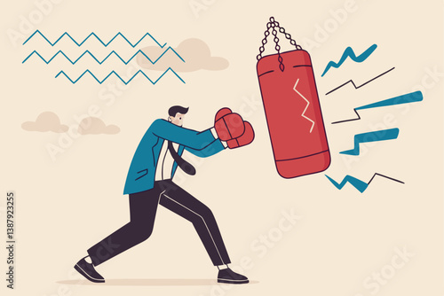 Business threat, fight to survive in business competition, resilience or adversity, challenge or survive to win, courage fighter concept, businessman hold shield to fight with multiple fighter punch.