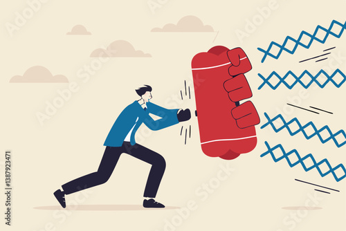 Business threat, fight to survive in business competition, resilience or adversity, challenge or survive to win, courage fighter concept, businessman hold shield to fight with multiple fighter punch.