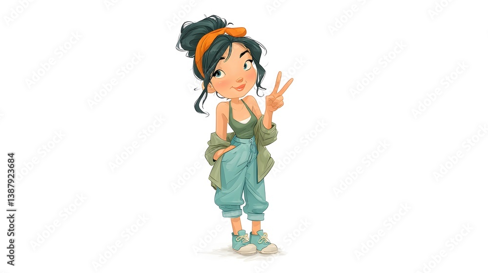 Stylish girl posing with peace sign urban setting digital art playful mood Stylish girl posing with peace sign urban setting digital art playful mood