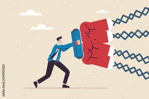 Business threat, fight to survive in business competition, resilience or adversity, challenge or survive to win, courage fighter concept, businessman hold shield to fight with multiple fighter punch.