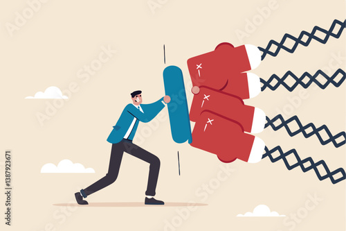 Business threat, fight to survive in business competition, resilience or adversity, challenge or survive to win, courage fighter concept, businessman hold shield to fight with multiple fighter punch.