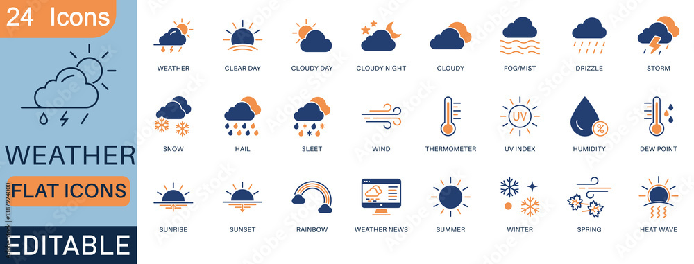 Obraz premium Set of 24 flat weather icons in colorful modern style. Includes sun, rain, snow, storm, UV, thermometer, seasons, and more. Ideal for apps, UI dashboards, and climate infographics.