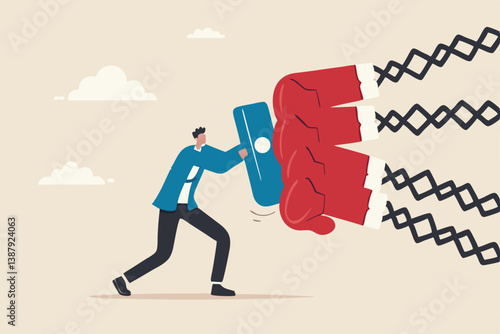 Business threat, fight to survive in business competition, resilience or adversity, challenge or survive to win, courage fighter concept, businessman hold shield to fight with multiple fighter punch.