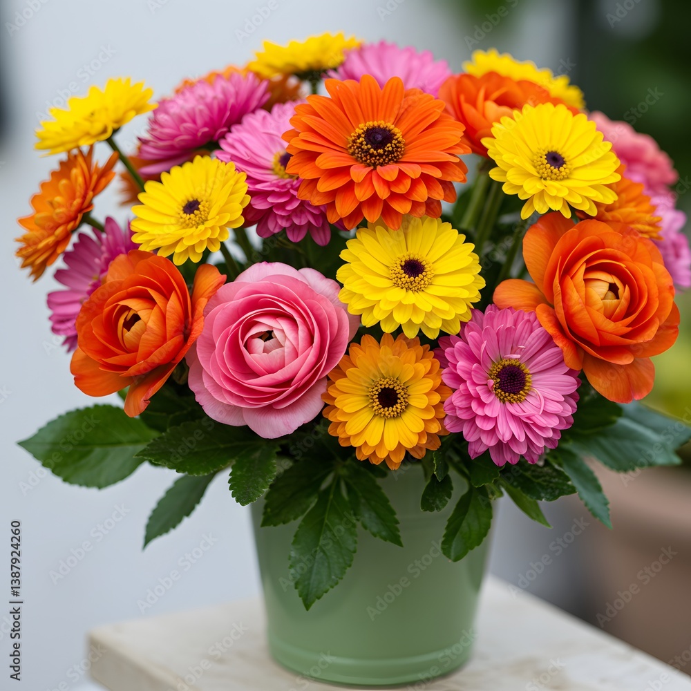Fototapeta premium Vibrant Spring Flower Bouquet in a Green Pot
