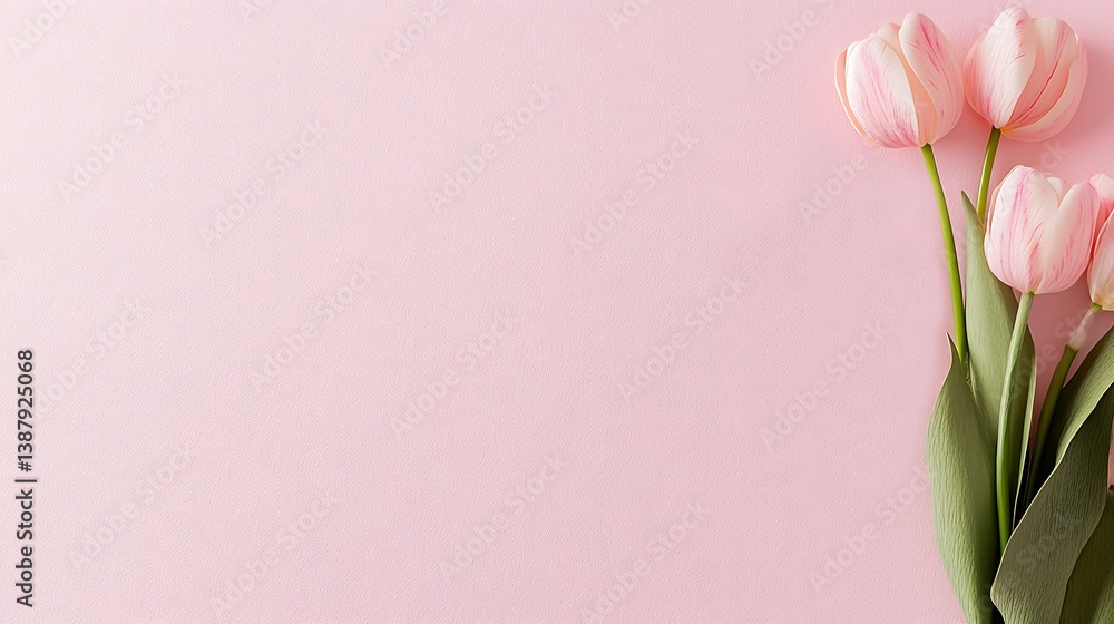 Fototapeta premium Minimal flat lay composition with pink heart-shaped paper and fresh tulips on right side over soft pastel background, perfect for romantic, spring, and celebration themed creative designs
