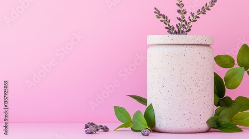 Natural Skincare Jar with Botanical Accents - Spa-inspired skincare jar, lavender, greenery, natural beauty, organic products
