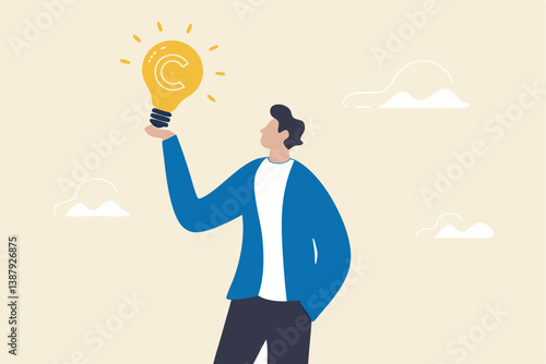Copyright reserved, trademark intellectual property protection, original idea or innovation, legal or law protection registered concept, businessman holding light bulb idea with copyright symbol.