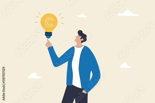 Copyright reserved, trademark intellectual property protection, original idea or innovation, legal or law protection registered concept, businessman holding light bulb idea with copyright symbol.