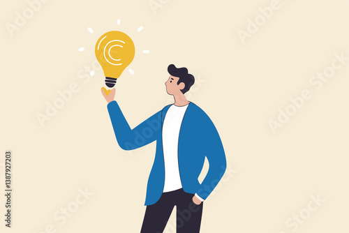 Copyright reserved, trademark intellectual property protection, original idea or innovation, legal or law protection registered concept, businessman holding light bulb idea with copyright symbol.