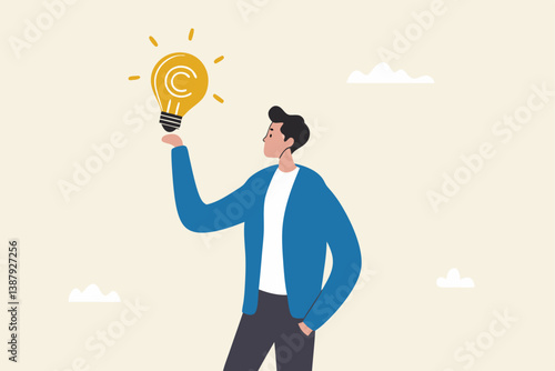 Copyright reserved, trademark intellectual property protection, original idea or innovation, legal or law protection registered concept, businessman holding light bulb idea with copyright symbol.