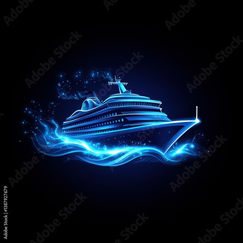 Cruise ship sailing through glowing blue waters under a starry night sky