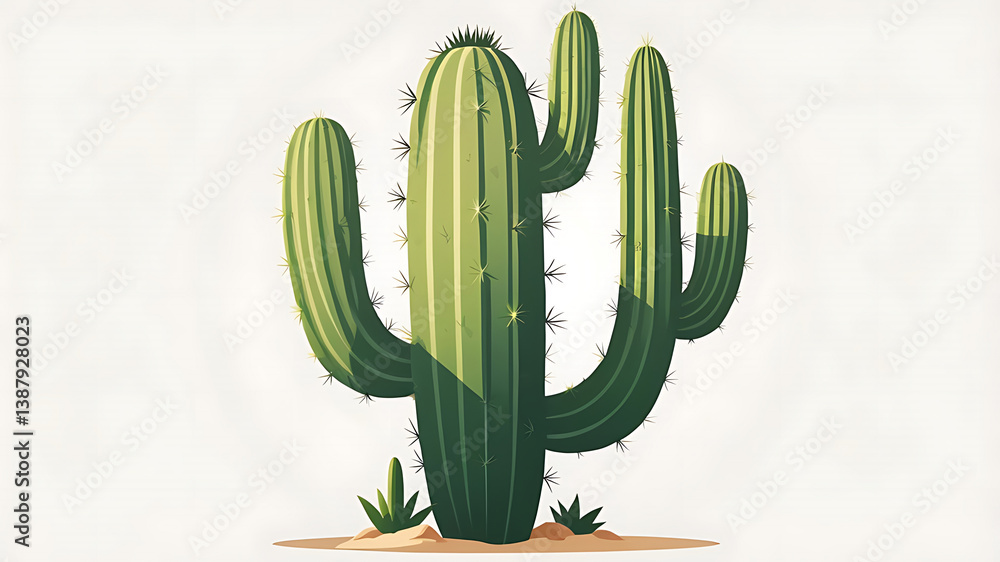 Illustration of a Tall Green Cactus with Spines in Desert Landscape on Light Background – Perfect for Nature, Botanical, and Southwest Design Concepts Illustration of a Tall Green Cactus with Spines in Desert Landscape on Light Background – Perfect for Nature, Botanical, and Southwest Design Concepts