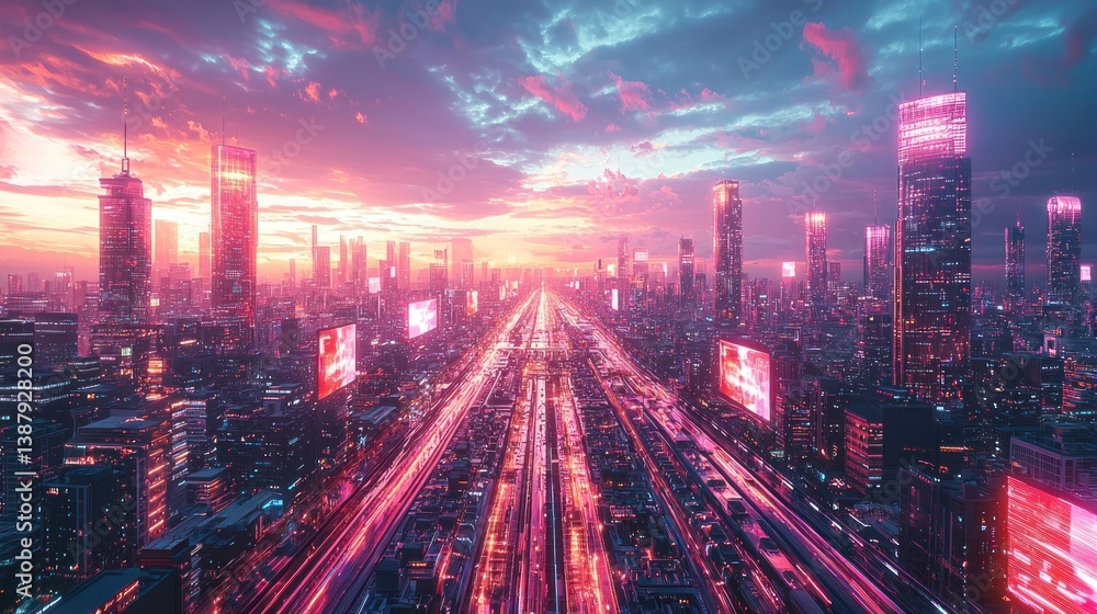 Fototapeta premium Futuristic cityscape at sunrise