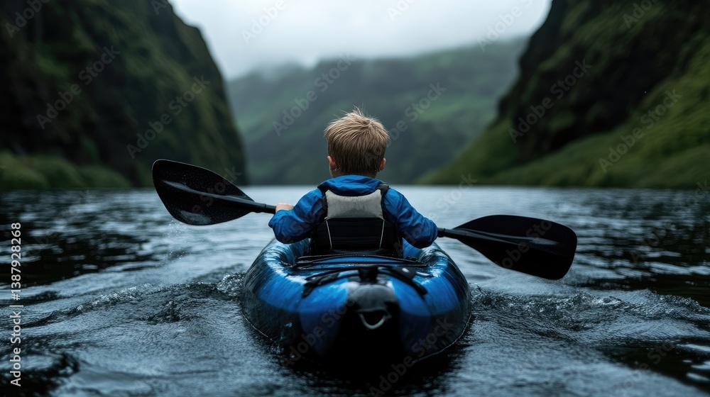 Obraz premium Young child kayaking on a serene river amidst dramatic cliffs