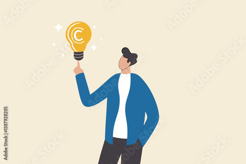 Copyright reserved, trademark intellectual property protection, original idea or innovation, legal or law protection registered concept, businessman holding light bulb idea with copyright symbol.
