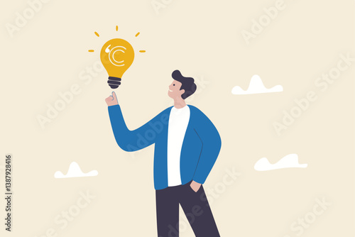 Copyright reserved, trademark intellectual property protection, original idea or innovation, legal or law protection registered concept, businessman holding light bulb idea with copyright symbol.
