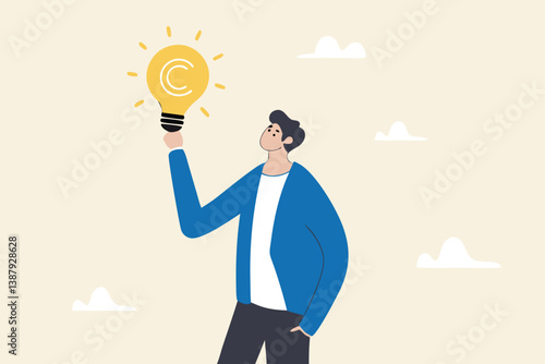Copyright reserved, trademark intellectual property protection, original idea or innovation, legal or law protection registered concept, businessman holding light bulb idea with copyright symbol.