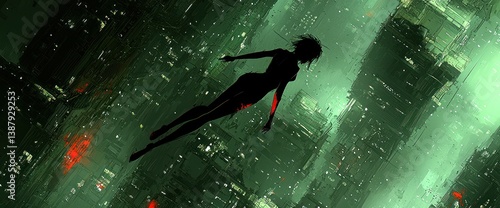 Futuristic city scene with a figure