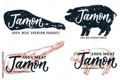 Pork leg and pig, labels signs set. Jamon calligraphy lettering for product package design. Vector sketch illustration