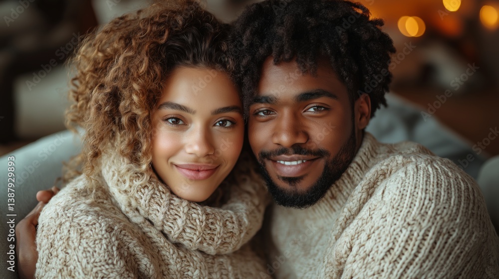 A smiling couple of mixed ethnicity, cuddled together in cozy sweaters, radiating warmth and love in a softly lit setting. A smiling couple of mixed ethnicity, cuddled together in cozy sweaters, radiating warmth and love in a softly lit setting.