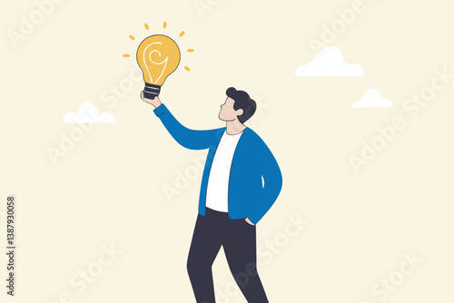 Copyright reserved, trademark intellectual property protection, original idea or innovation, legal or law protection registered concept, businessman holding light bulb idea with copyright symbol.