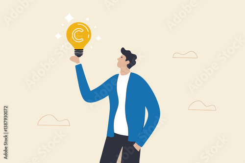 Copyright reserved, trademark intellectual property protection, original idea or innovation, legal or law protection registered concept, businessman holding light bulb idea with copyright symbol.