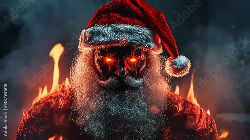 A fiery Santa Claus with glowing eyes stands amidst flames, creating a dramatic holiday scene