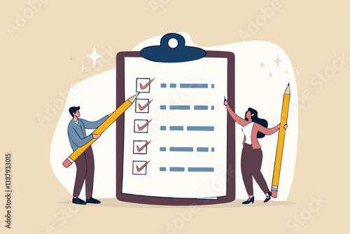 Task checklist, clipboard with to do list checkmark, task management to track work completion, accomplishment, survey or questionnaire concept, business people with pencil and checklist clipboard.