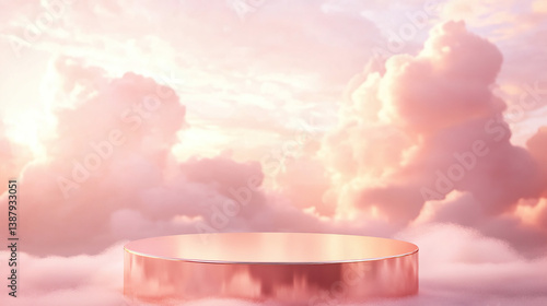 Fototapeta Naklejka Na Ścianę i Meble -  Rose gold podium in a dreamy scene with a soft pink sky and fluffy clouds as a backdrop for display