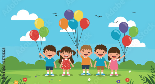 Happy children holding balloons in summer park under blue sky