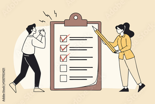 Task checklist, clipboard with to do list checkmark, task management to track work completion, accomplishment, survey or questionnaire concept, business people with pencil and checklist clipboard.