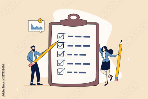Task checklist, clipboard with to do list checkmark, task management to track work completion, accomplishment, survey or questionnaire concept, business people with pencil and checklist clipboard.