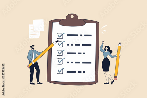 Task checklist, clipboard with to do list checkmark, task management to track work completion, accomplishment, survey or questionnaire concept, business people with pencil and checklist clipboard.