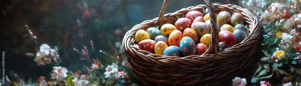 A wicker basket filled with painted eggs and candy A wicker basket filled with painted eggs and candy