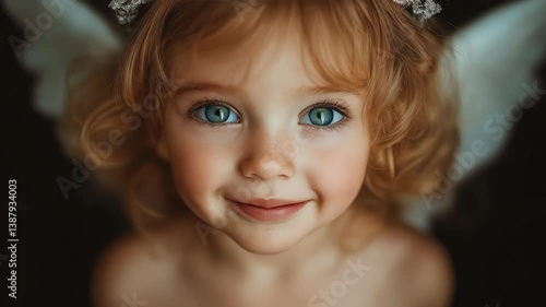 Portrait of a smiling little girl with curly blonde hair and bright blue eyes, dressed as an angel with soft white wings and a sparkly headband, glowing with innocence and joy