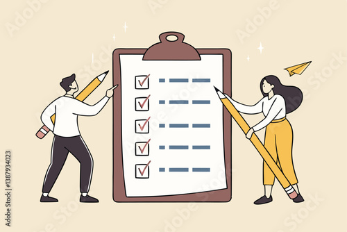 Task checklist, clipboard with to do list checkmark, task management to track work completion, accomplishment, survey or questionnaire concept, business people with pencil and checklist clipboard.