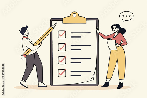Task checklist, clipboard with to do list checkmark, task management to track work completion, accomplishment, survey or questionnaire concept, business people with pencil and checklist clipboard.