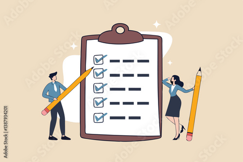 Task checklist, clipboard with to do list checkmark, task management to track work completion, accomplishment, survey or questionnaire concept, business people with pencil and checklist clipboard.
