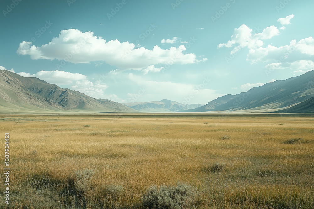 Obraz premium vast, empty field with a few trees in the distance. The sky is clear and blue, with a few clouds scattered throughout. Scene is peaceful and serene, with the vastness of the field