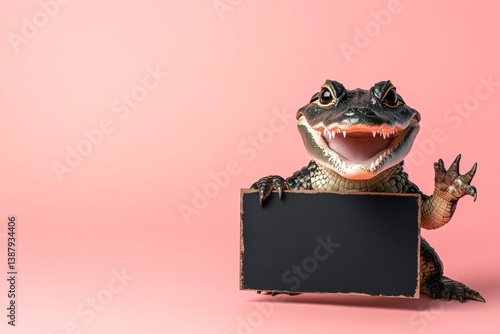 Cute baby animal crocodile hold in front paws a concept - large dark black zoo sign. Pet mockup with board. Animal near blank board. Isolated baby animal on a solid uniform pink background.